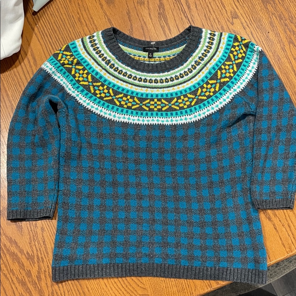 Talbots Blue and Yellow Patterned Crew Neck Sweater Lambswool